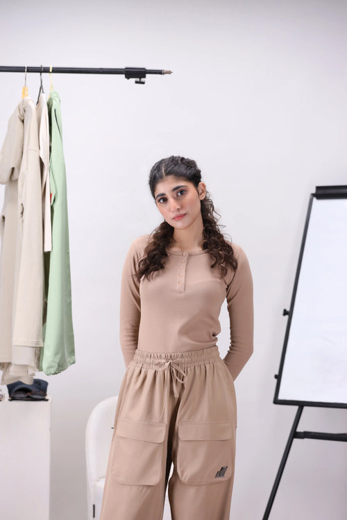 Beige Ribbed Women's Henley