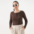 Coffee Brown Long Sleeve Ribbed Henley