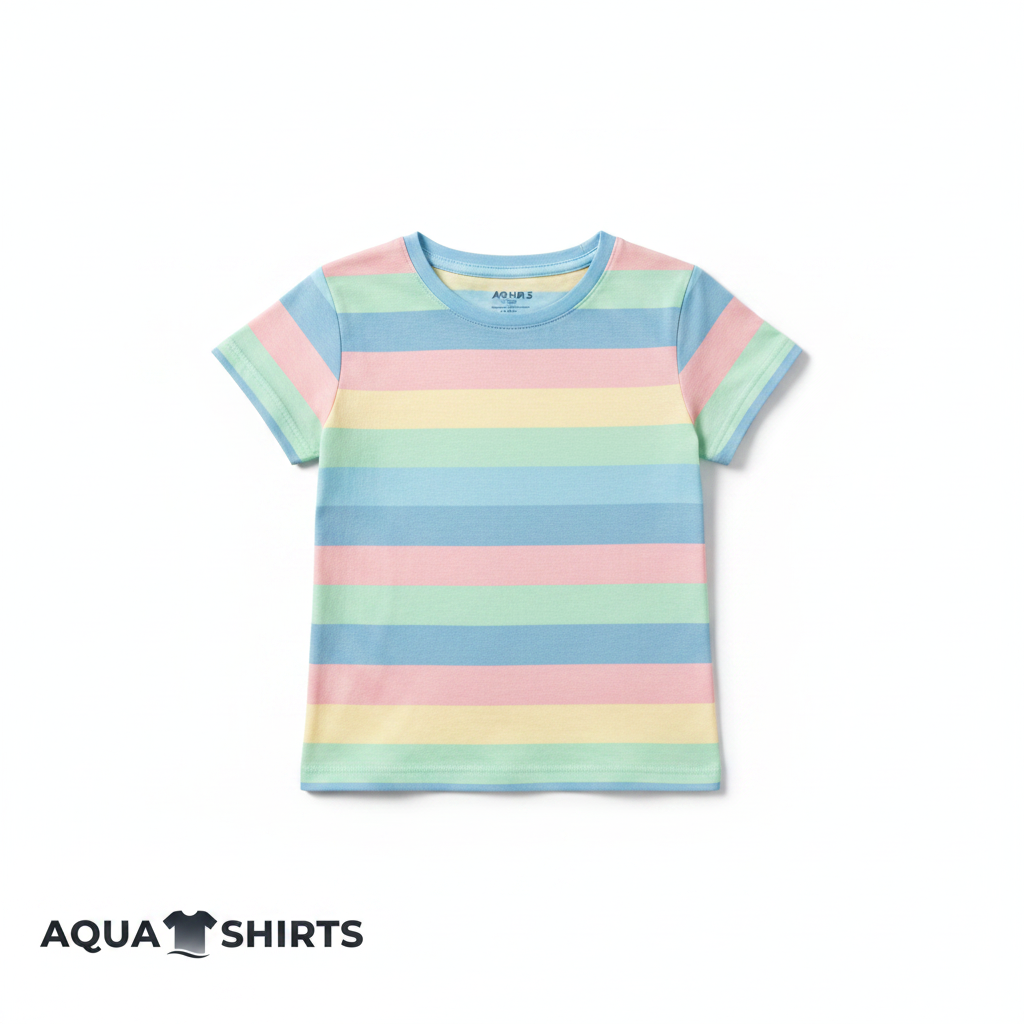 Girls Pastel Striped Cotton T-Shirt on white background - Aqua Shirts