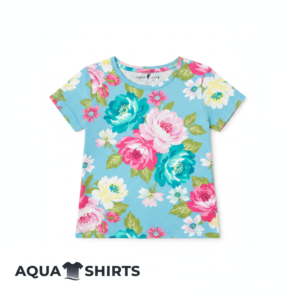Girls Floral Print Cotton T-Shirt on white background - Aqua Shirts